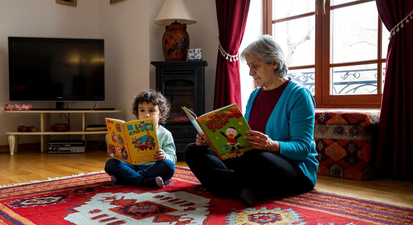 A cozy Turkish living room with a grandmother reading a colorful children's book about New Year's to two wide-eyed kids, aged around 5 and 7, sitting cross-legged on a patterned kilim rug.