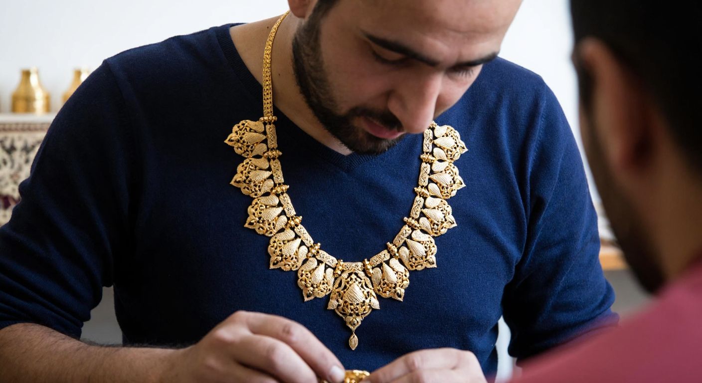 A skilled artisan in Aleppo meticulously handcrafts an intricate gold necklace with floral and geometric patterns, reflecting Syrian heritage and craftsmanship.