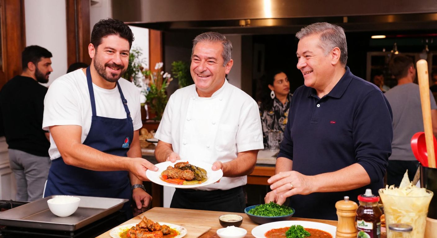 A warm, bustling Turkish kitchen with Mehmet Yaşin and Teoman Hünal smiling as they present a colorful plate of traditional Turkish dishes to an eager audience.