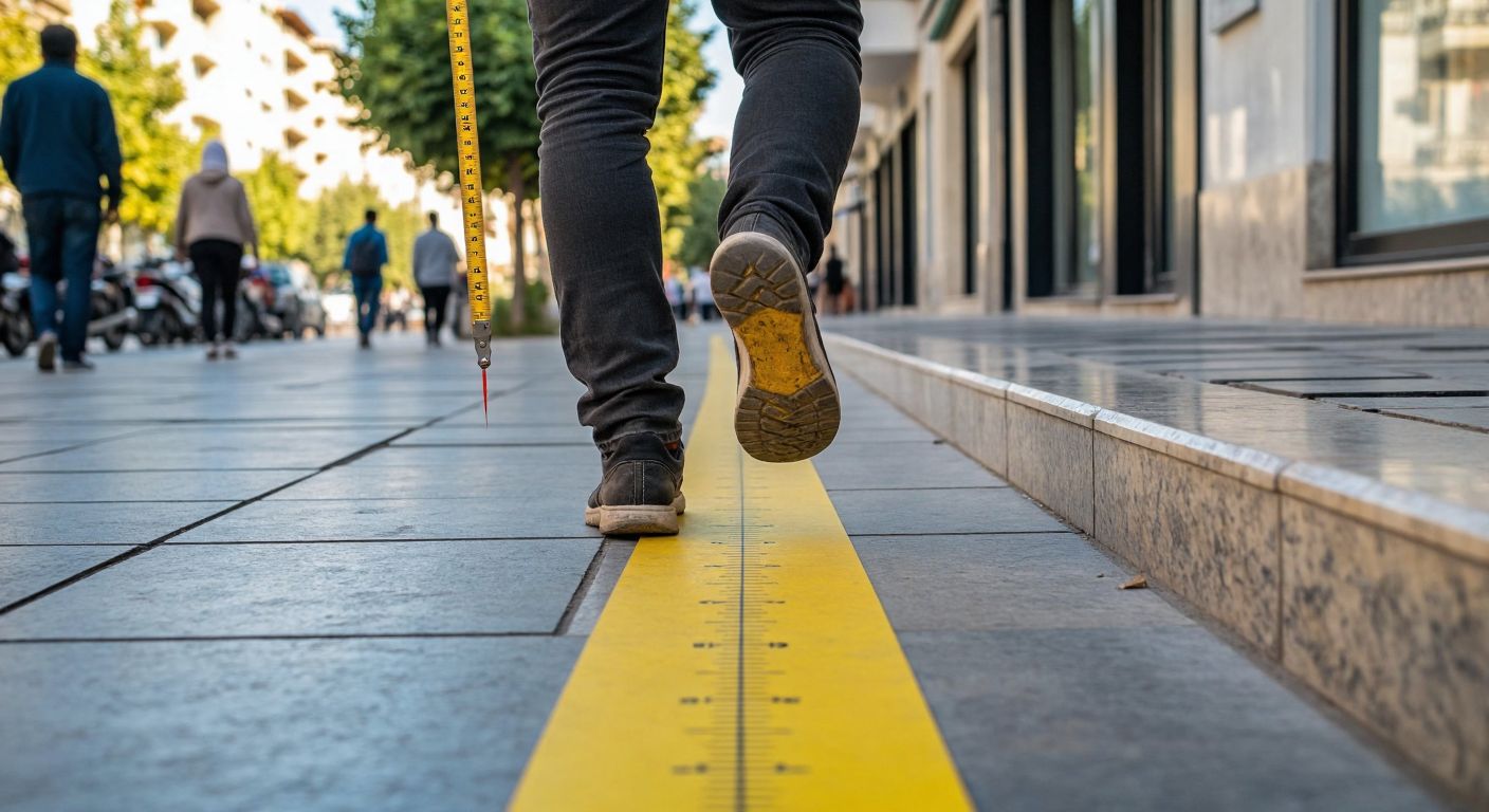 A person with a measuring tape stretched along a sidewalk in Turkey, stepping forward with one foot while glancing down at the marked length between their steps.