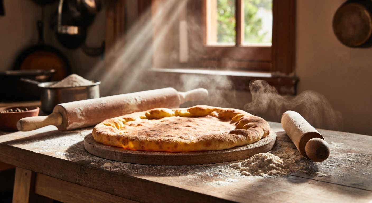 A rustic wooden table in a Turkish kitchen holds a golden-brown sırın flatbread made from wheat flour, surrounded by scattered flour and a rolling pin, with warm sunlight streaming through a window.