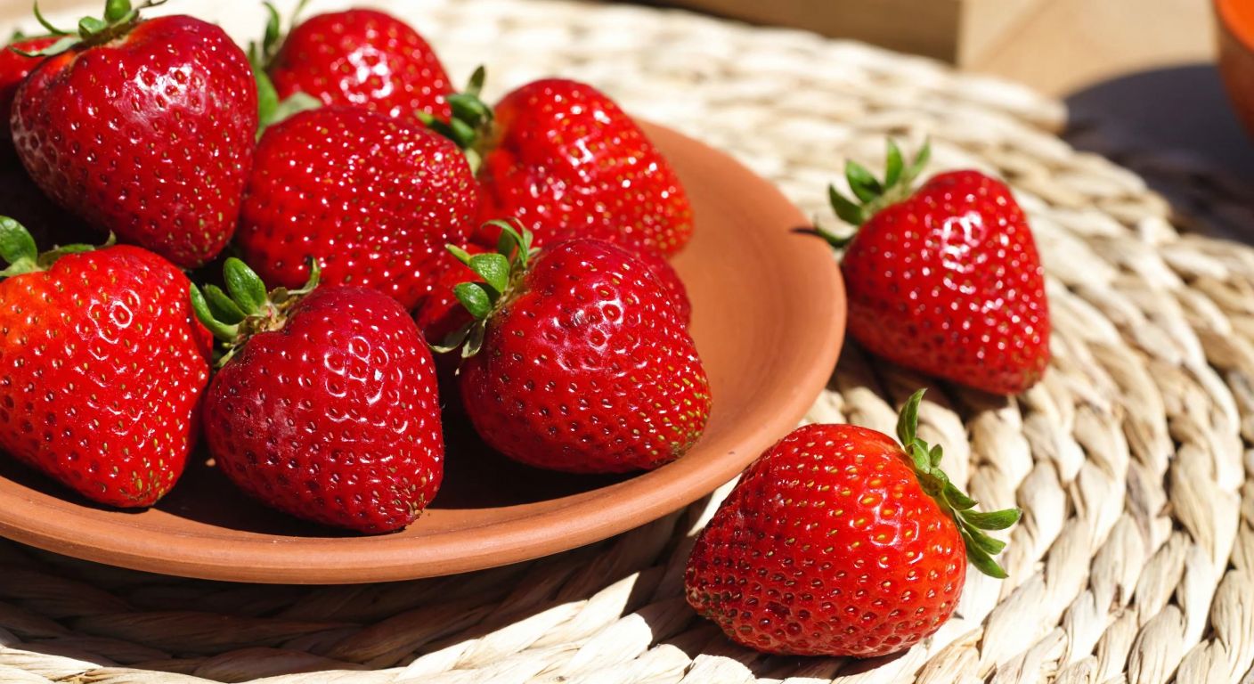 A close-up of sun-drenched, ripe red strawberries resting on a wooden table, with glistening seeds being carefully scraped off onto a terracotta plate, surrounded by drying seeds on a woven straw mat in a rustic Turkish garden.