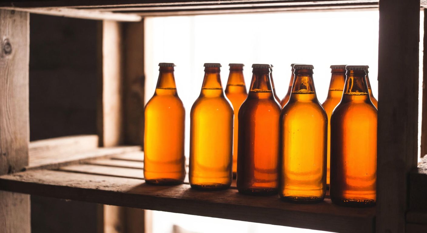 A rustic wooden shelf in a cool, dimly lit cellar holds several amber-colored glass bottles of homemade beer, their caps tightly sealed, with condensation glistening on the surfaces.