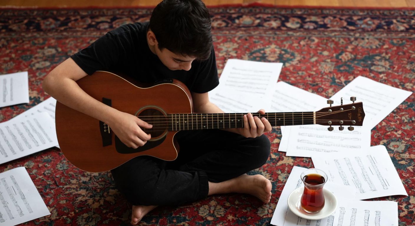 A young person in Turkey sits cross-legged on a patterned rug, intently studying a guitar in their lap while their fingers hover over the frets, surrounded by scattered sheet music and a steaming cup of Turkish tea.