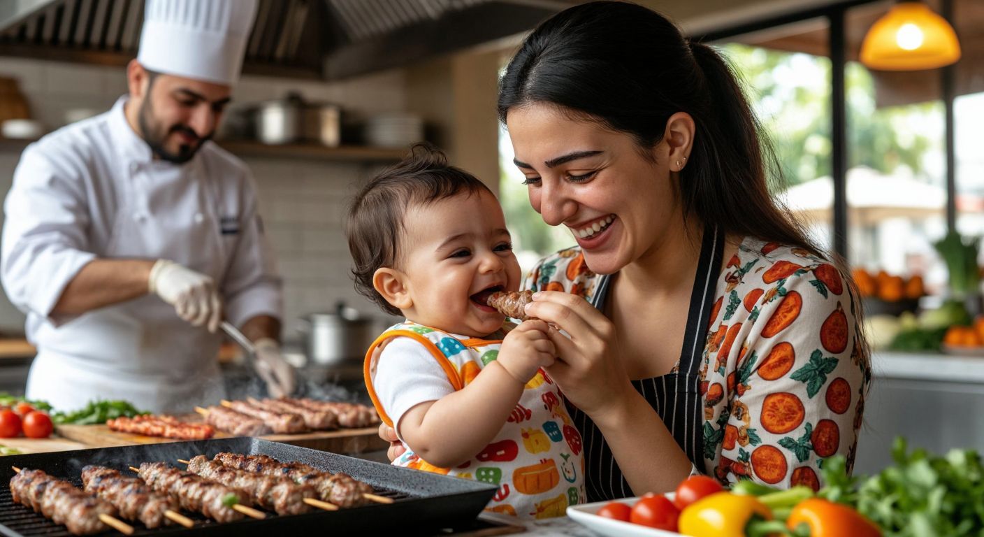 A smiling Turkish mother gently feeding her giggling baby wearing a colorful bib, while a chef in the background cooks sizzling kebabs with a clean white apron.