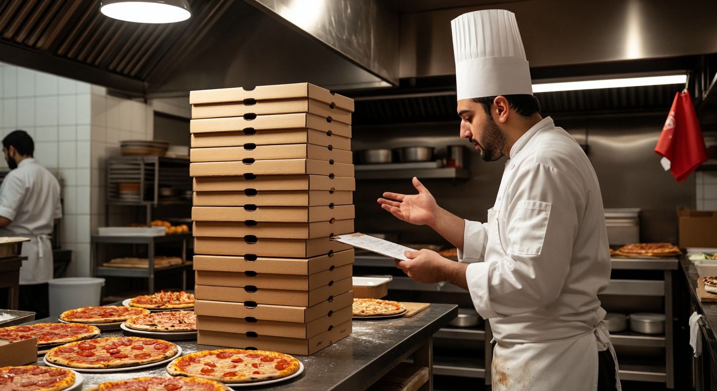 A towering stack of large, unbranded 50 cm pizza boxes in a bustling Turkish pizzeria kitchen, with a chef in a white apron gesturing toward them while checking a delivery list.