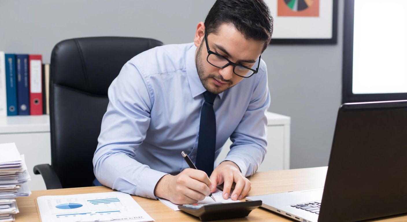 A focused Turkish accountant in a modern office, wearing glasses and a formal shirt, carefully writing in a ledger with a calculator nearby, surrounded by stacks of documents and a laptop displaying financial charts.