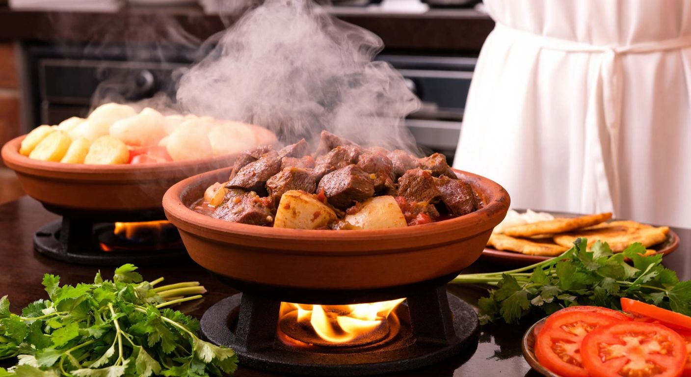 A steaming clay pot of taş kebabı sits on a low flame, surrounded by fresh herbs and sliced vegetables, with a traditional Turkish kitchen in the background.