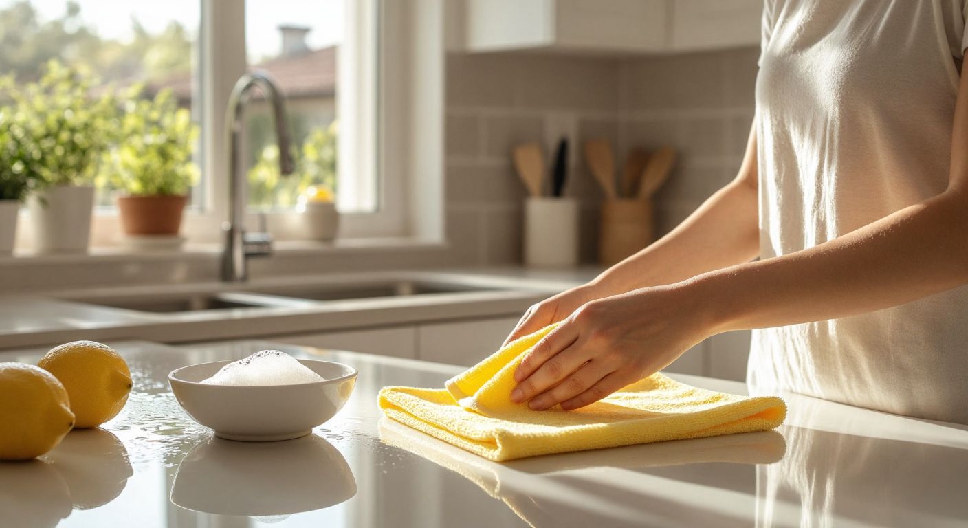 A Turkish woman in a bright, sunlit kitchen gently wipes a glossy PVC countertop with a soft yellow microfiber cloth, while a small bowl of soapy water and a sliced lemon sit nearby.