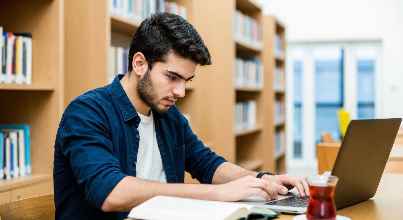 A focused young student in a modern university library in Turkey, wearing a casual outfit, intently typing on a laptop with a determined expression, surrounded by books and a steaming cup of Turkish tea.