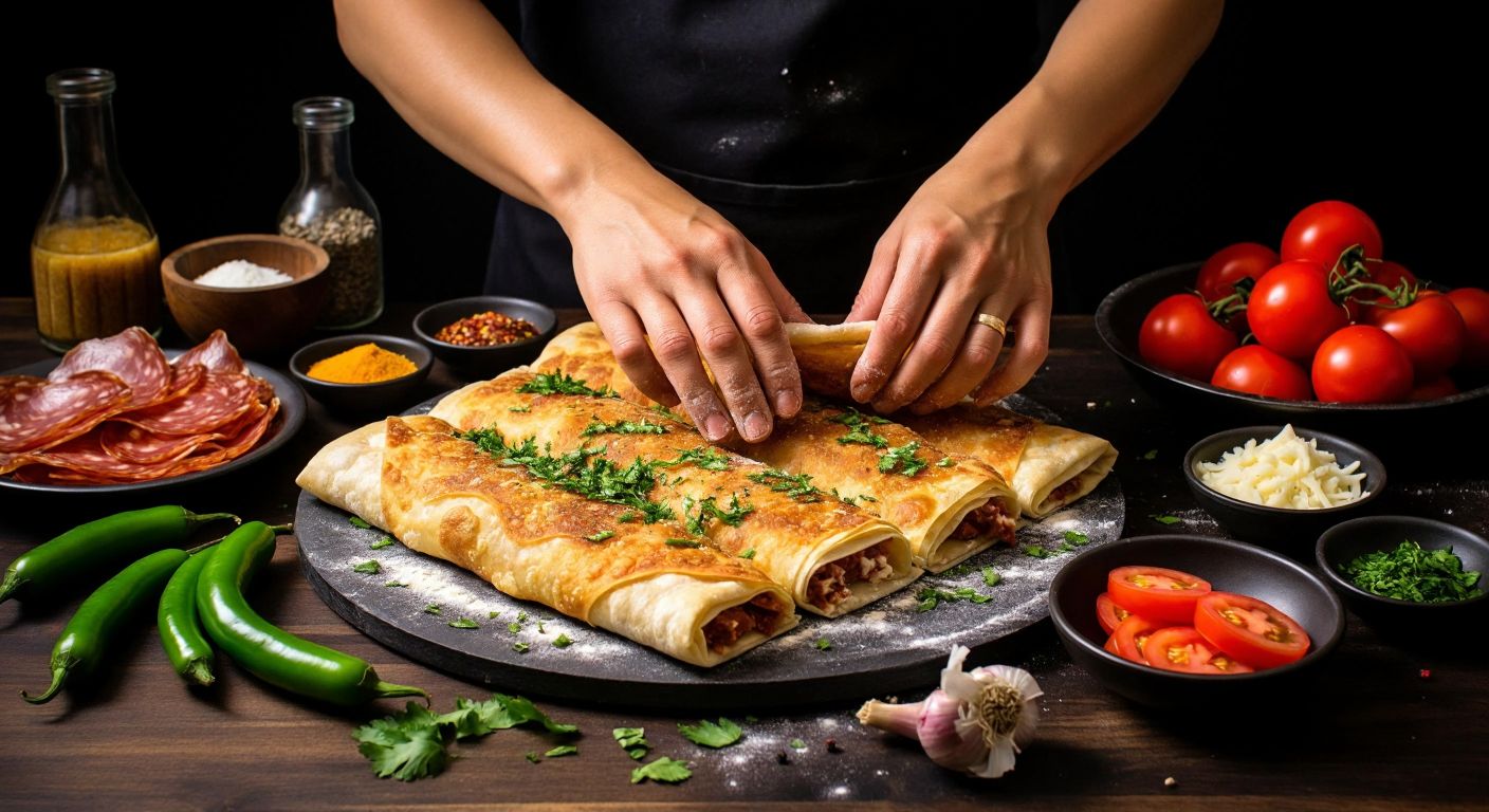 A Turkish kitchen counter scattered with fresh ingredients—thin yufka dough, cured pastırma, grated kaşar cheese, diced green peppers, and tomatoes—while a pair of hands carefully rolls a golden-brown, crispy paçanga böreği fresh from sizzling oil.