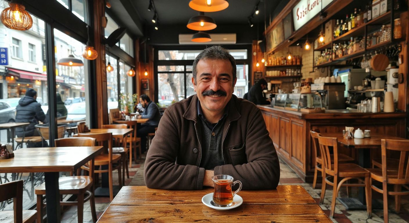 A cozy café in Beşiktaş with warm wooden tables, steaming cups of Turkish tea, and a friendly middle-aged man with a mustache (Sezgin Ergün) smiling behind the counter.