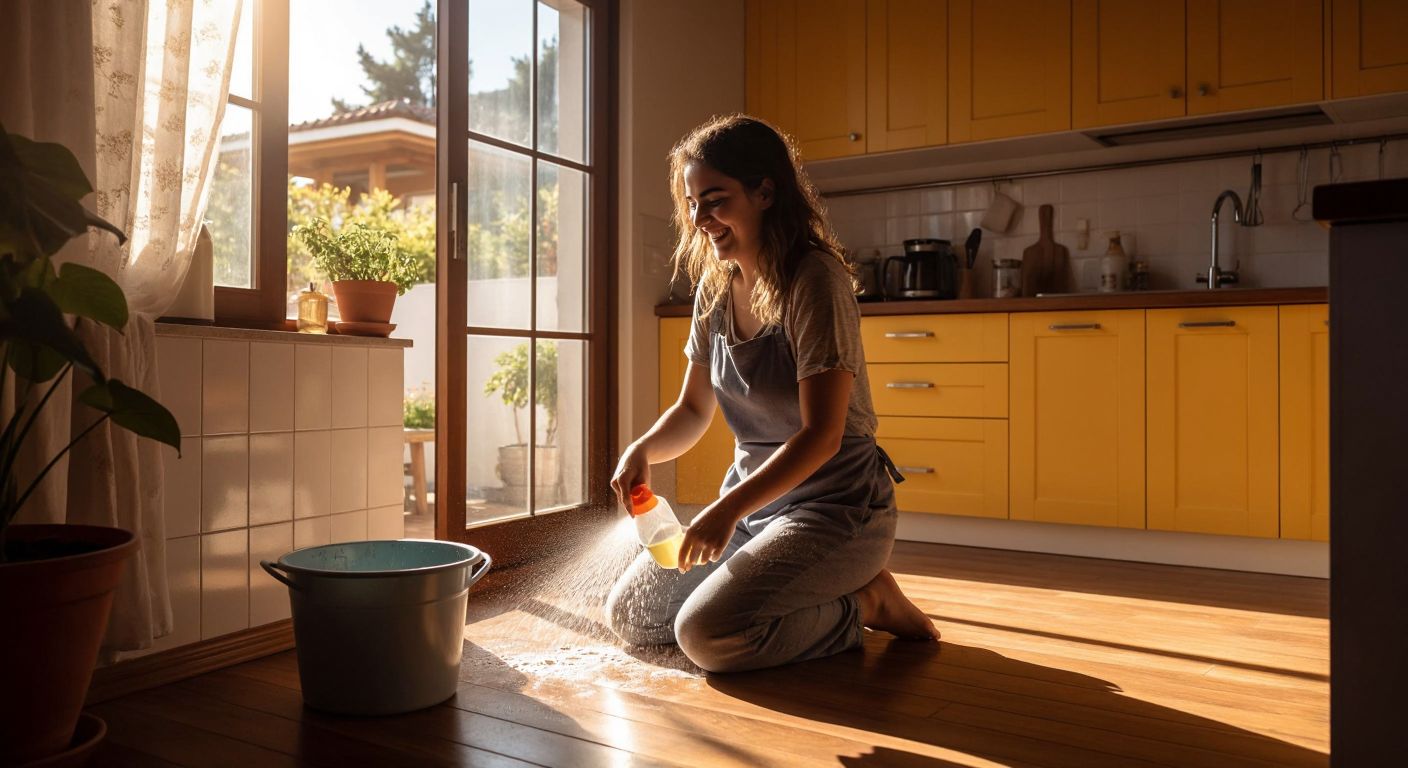 A smiling woman in a Turkish home sprays Dixi cleaner on a wooden floor while a bucket and sponge sit nearby, with sunlight streaming through the window onto freshly cleaned kitchen tiles.