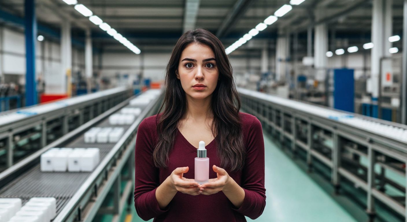 A confused Turkish woman holding a cosmetic product with a factory conveyor belt in the background, symbolizing production versus expiration.