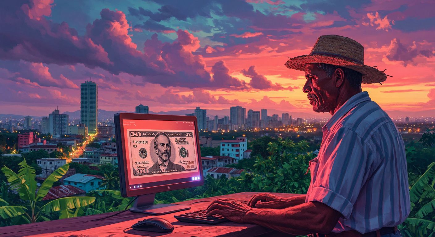 A vibrant Cuban peso note floating beside a glowing computer screen displaying a data file, with a farmer in traditional Cuban attire and a French urban skyline faintly visible in the background.