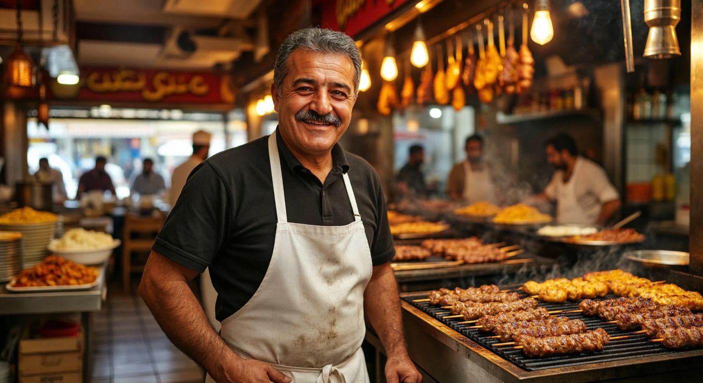 A smiling middle-aged Turkish man with a mustache, wearing a white apron and standing proudly in front of a sizzling grill piled with golden-brown kebabs in a bustling restaurant.