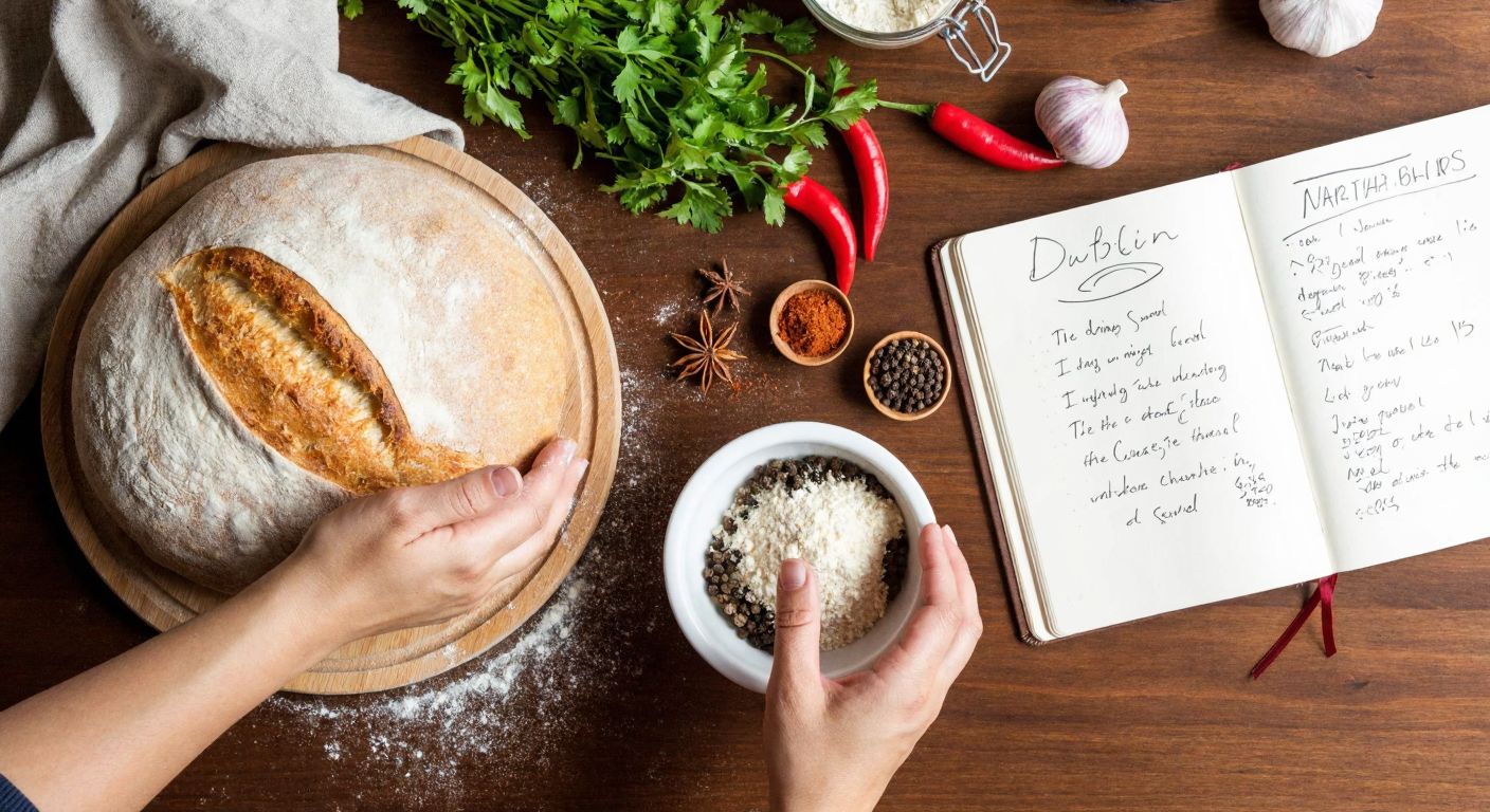 A warm Turkish kitchen scene with hands kneading sourdough bread, fresh herbs and spices on a wooden table, and a notebook filled with handwritten recipes nearby.