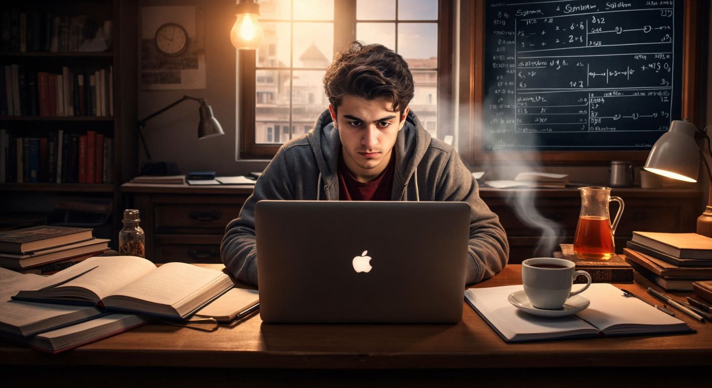 A young Turkish student with focused eyes watches a laptop screen displaying a math problem, surrounded by open notebooks and a steaming cup of çay on a wooden desk.