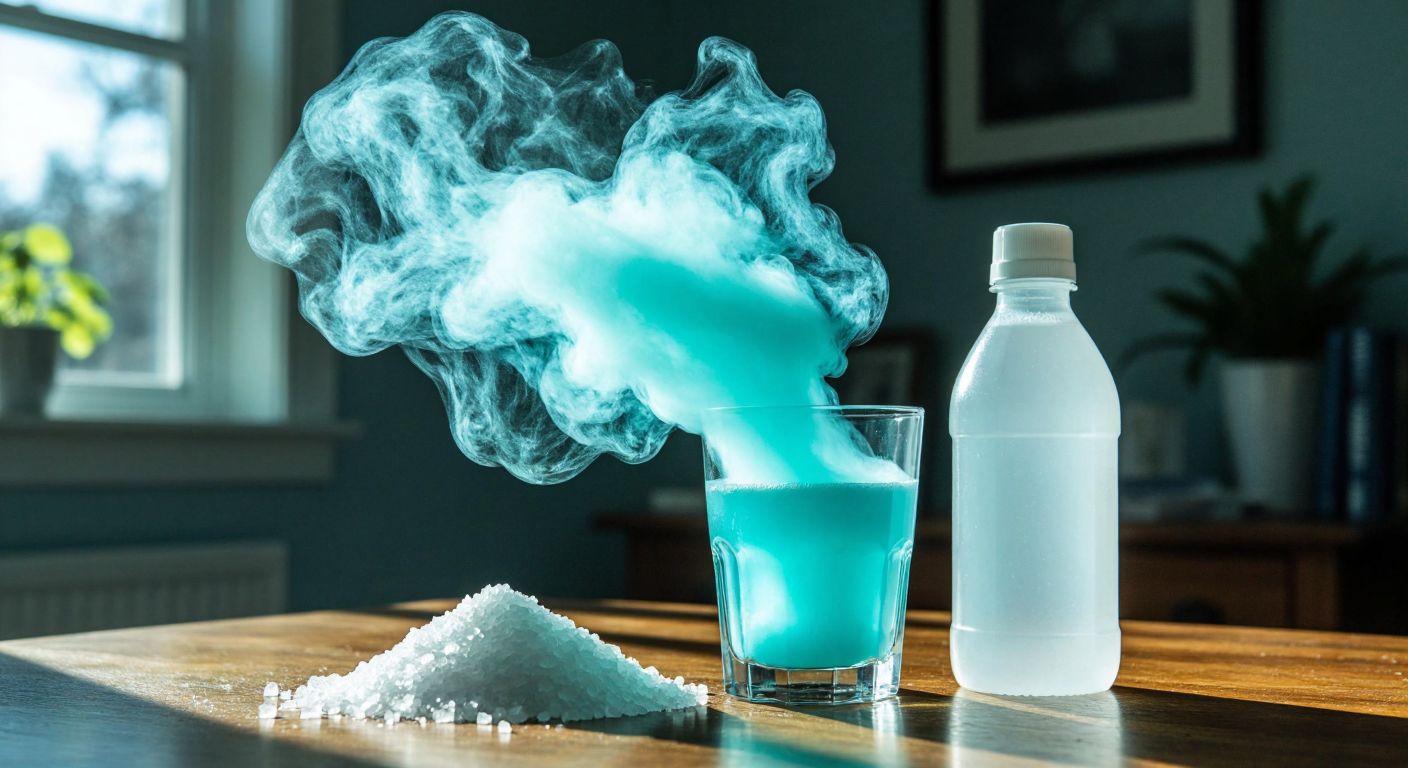 A bright blue-green gas (chlorine) swirling above a clear glass of water, a white plastic bottle of bleach, and a pile of salt crystals on a wooden table, with sunlight filtering through a window.