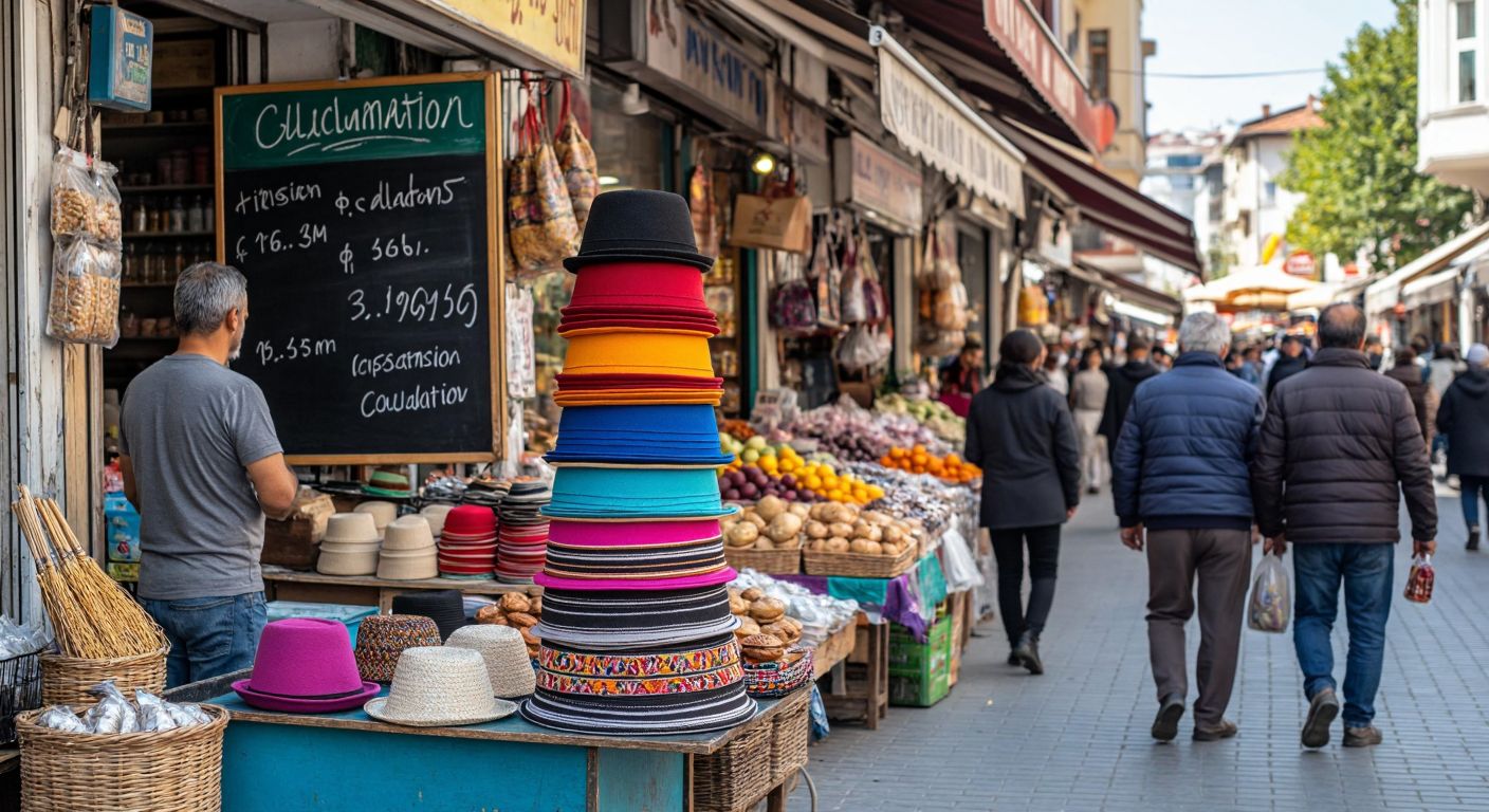 A bustling Turkish street market with a vendor proudly displaying a colorful stack of hats, customers browsing, and a chalkboard (without text) showing a simple division calculation in the background.