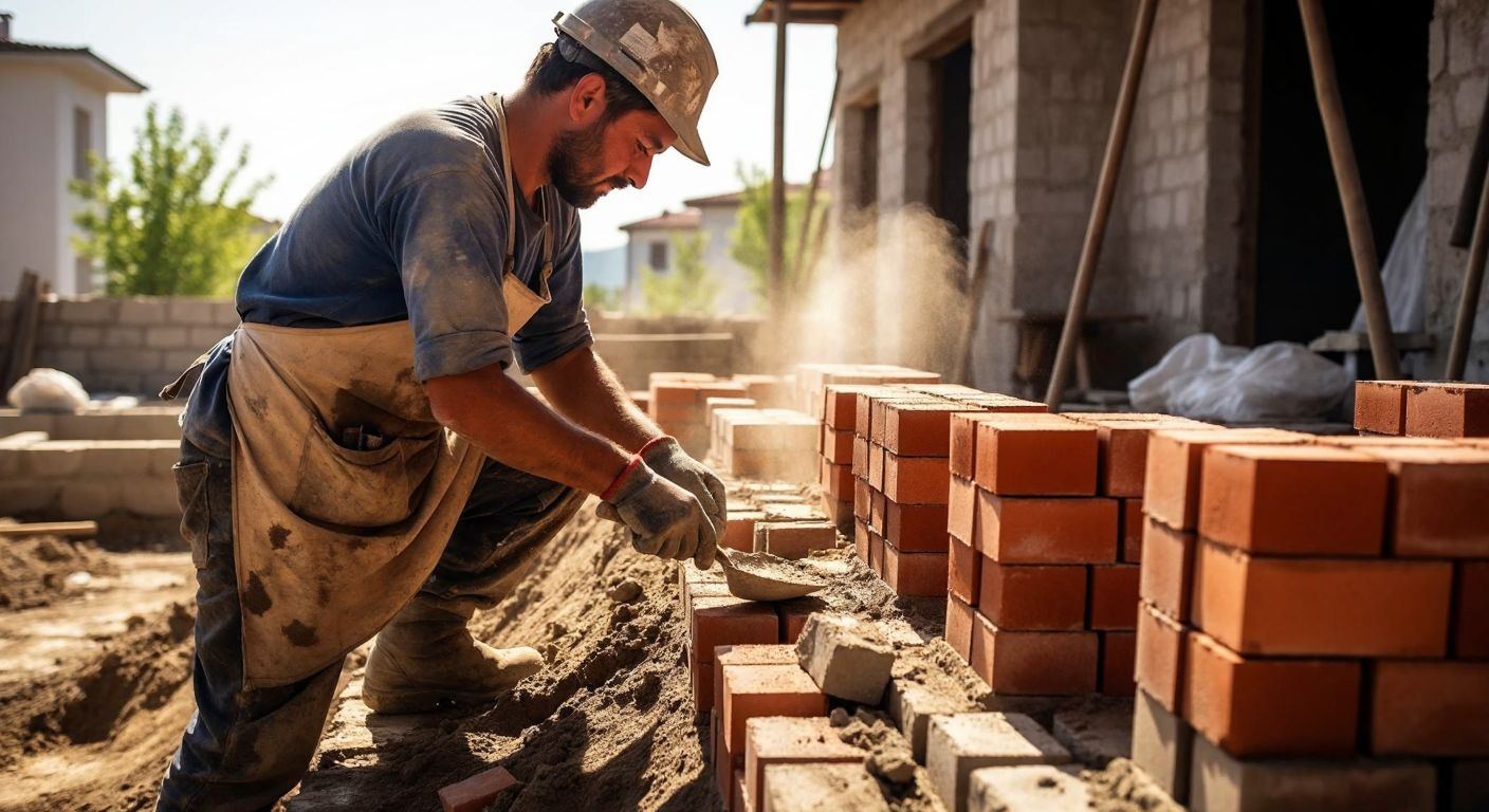 A sunlit construction site in Turkey, where a skilled mason in a dusty apron carefully lays red bricks with a trowel, ensuring each one is level and aligned, while a neat stack of damp bricks and a bucket of mortar sit nearby.