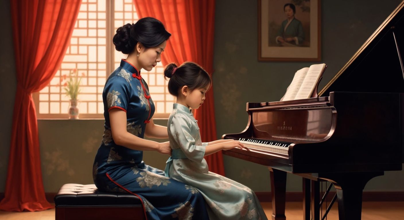 A stern Chinese mother in a traditional qipao stands beside a focused child practicing piano, her watchful gaze and poised posture embodying disciplined ambition.