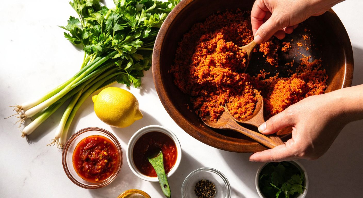 A sunlit Turkish kitchen with a wooden bowl filled with vibrant red kısır, surrounded by fresh parsley, green onions, a lemon, and small jars of tomato and pepper paste, with hands mixing the ingredients together.