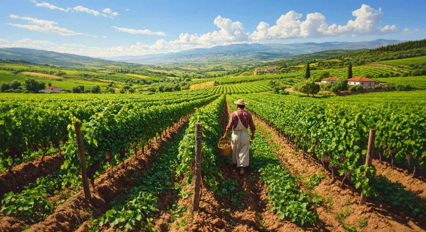 A sunlit Turkish countryside with lush green fields of fresh beans and grapevines stretching toward the Mediterranean horizon, dotted with farmers in traditional attire harvesting the crops.