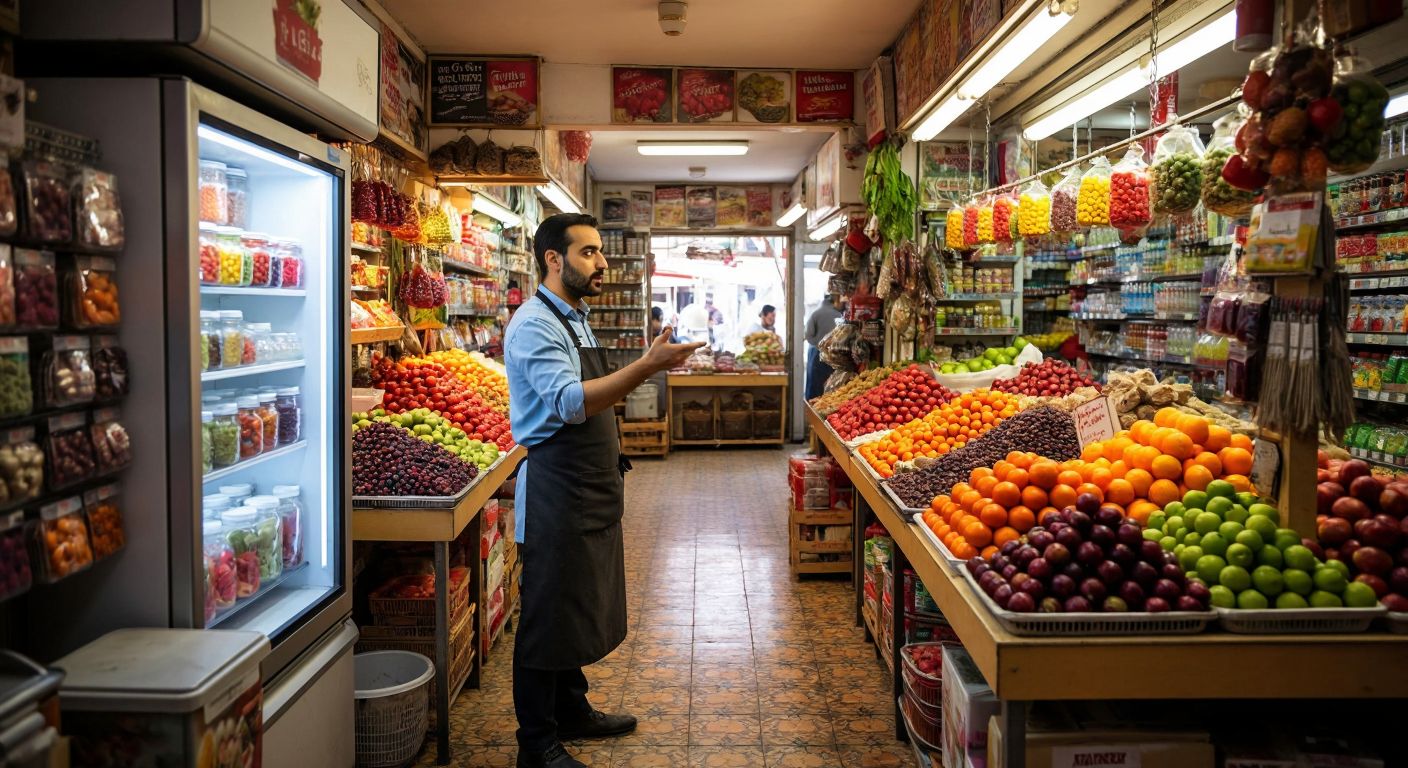A vibrant Turkish market aisle with a metal-framed magnetic whiteboard mounted on a fridge, colorful magnets holding small notes, and a shopkeeper in an apron gesturing toward it.