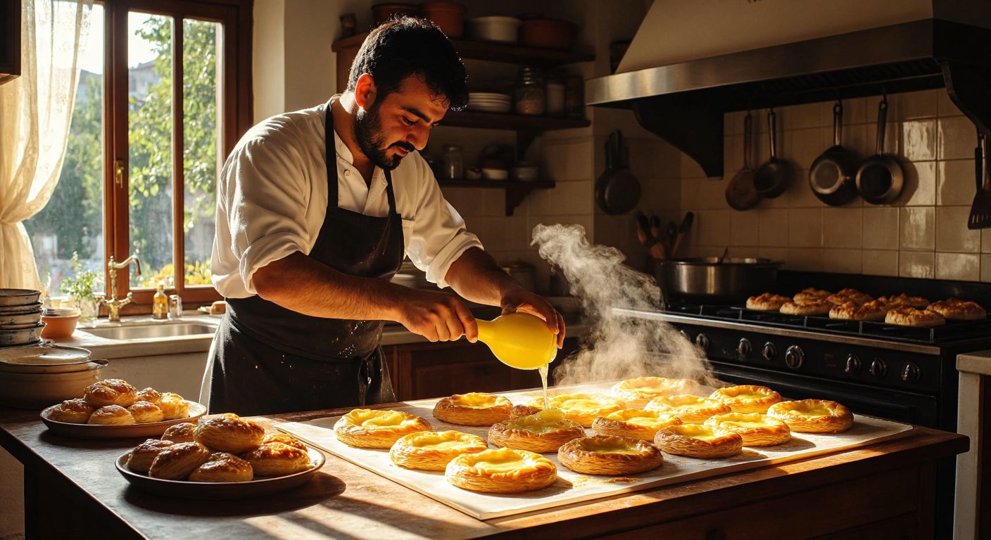 A Turkish cook in a sunlit kitchen squeezes fresh lemon juice over a thin sheet of börek dough, with golden, flaky pastries baking in the oven nearby.