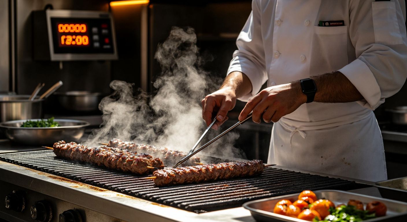 A Turkish chef in a sunlit kitchen carefully inserts a stainless steel probe thermometer into a sizzling kebab on the grill, with steam rising and a digital display glowing faintly in the background.