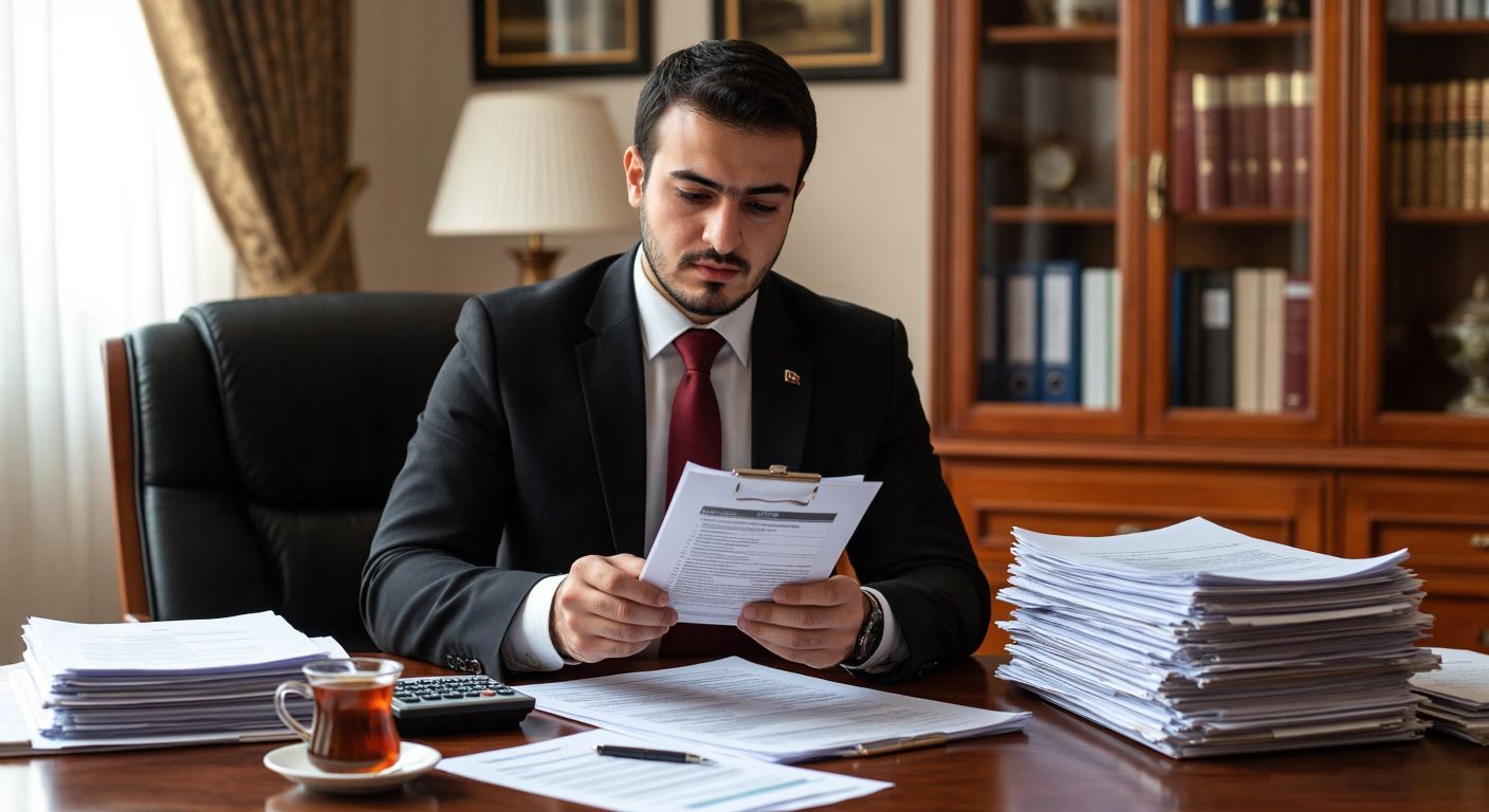 A Turkish civil servant in a formal office setting, holding a calculator and a printed document, with a focused expression while calculating daily travel allowances, surrounded by stacks of paperwork and a steaming cup of Turkish tea.