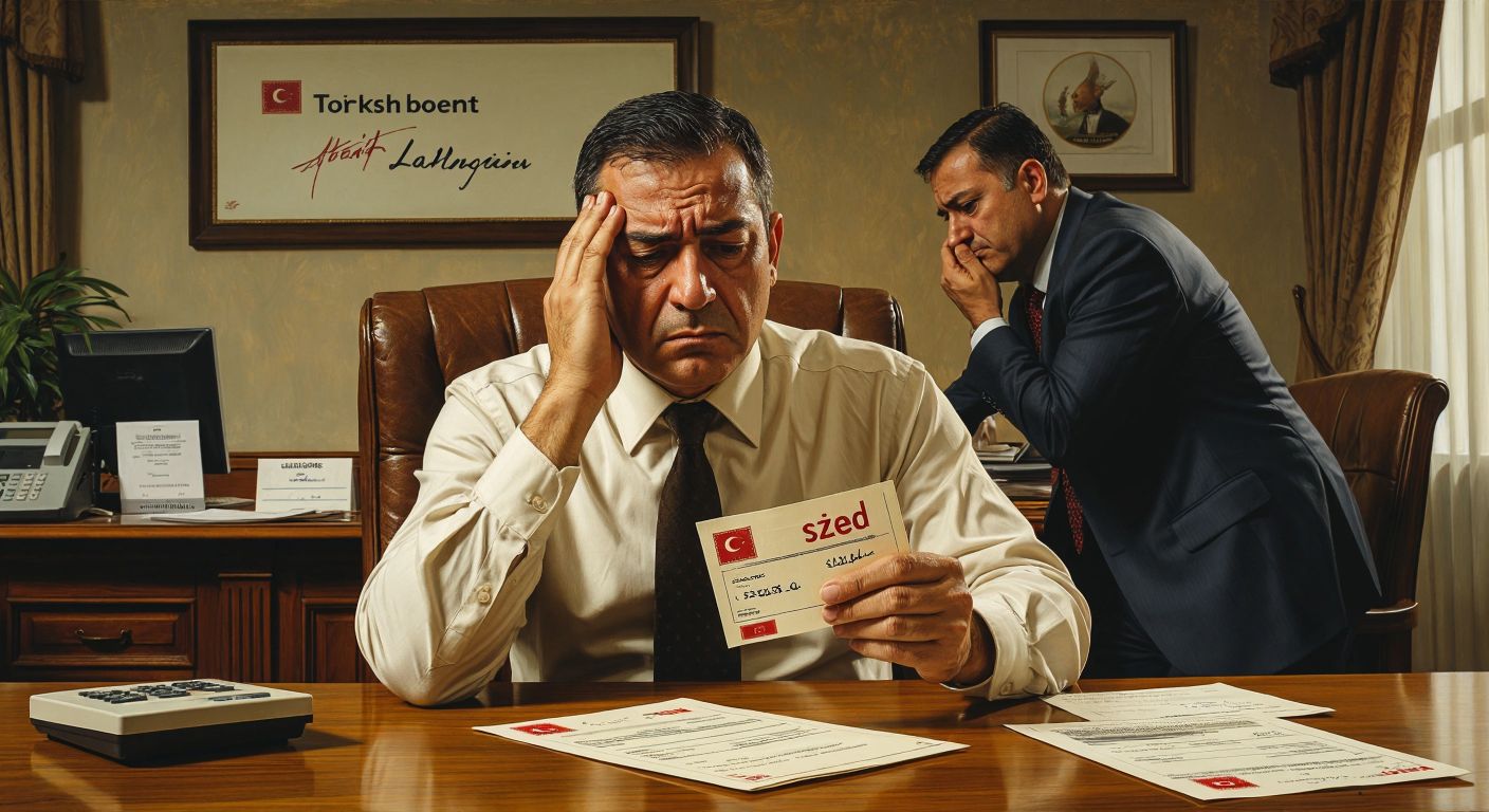 A worried middle-aged man in a formal shirt sits at a wooden desk in a Turkish bank, clutching a paycheck with a red "seized" stamp while a stern banker shakes his head, holding a rejected loan application.