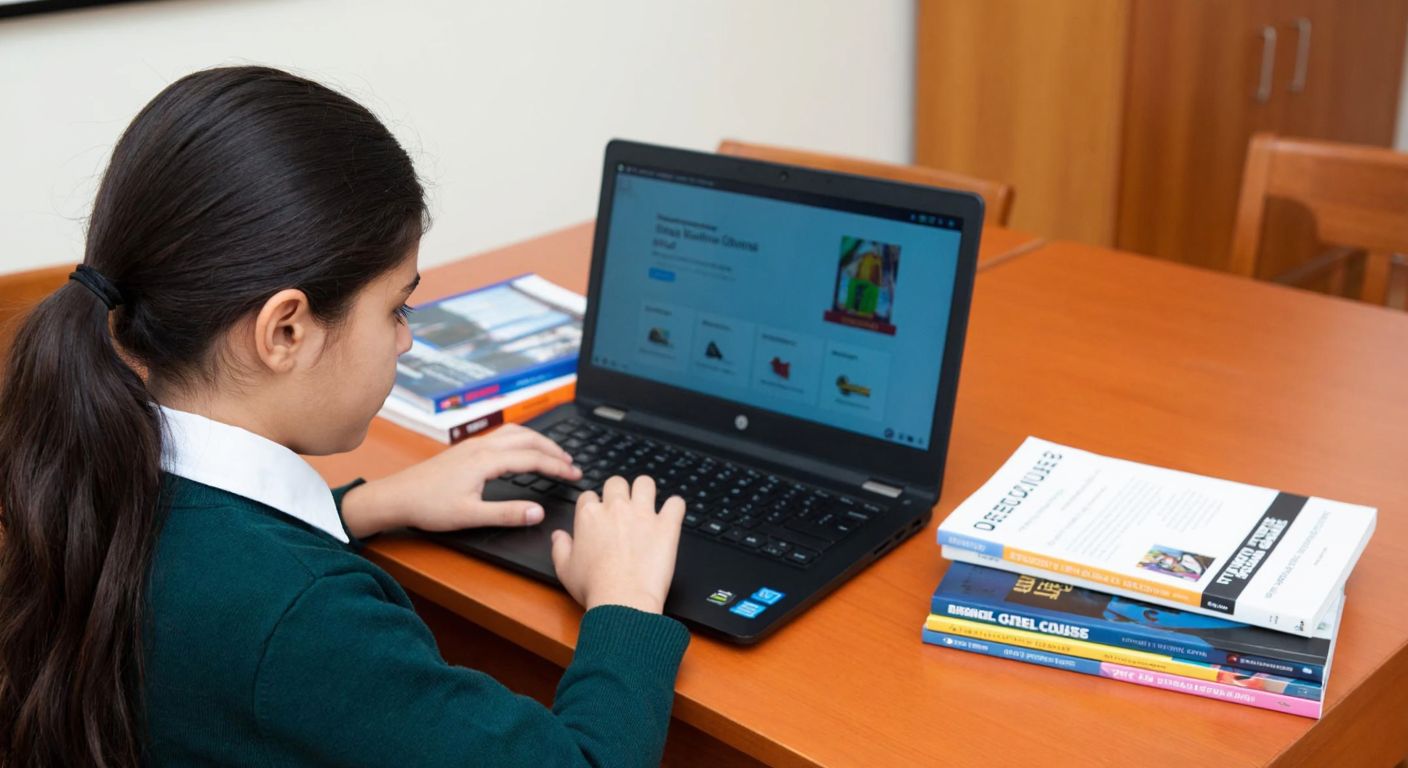 A young Turkish student in a school uniform sits at a wooden desk, intently clicking on a laptop screen displaying a course selection interface, with a stack of textbooks and a printed list of selected courses beside them.