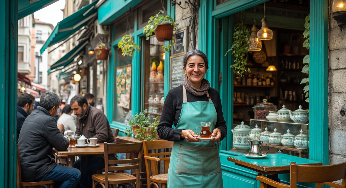A cozy café with turquoise and green decor, nestled in a historic Istanbul street, where a smiling middle-aged Turkish woman in an apron warmly serves traditional Turkish tea to customers.