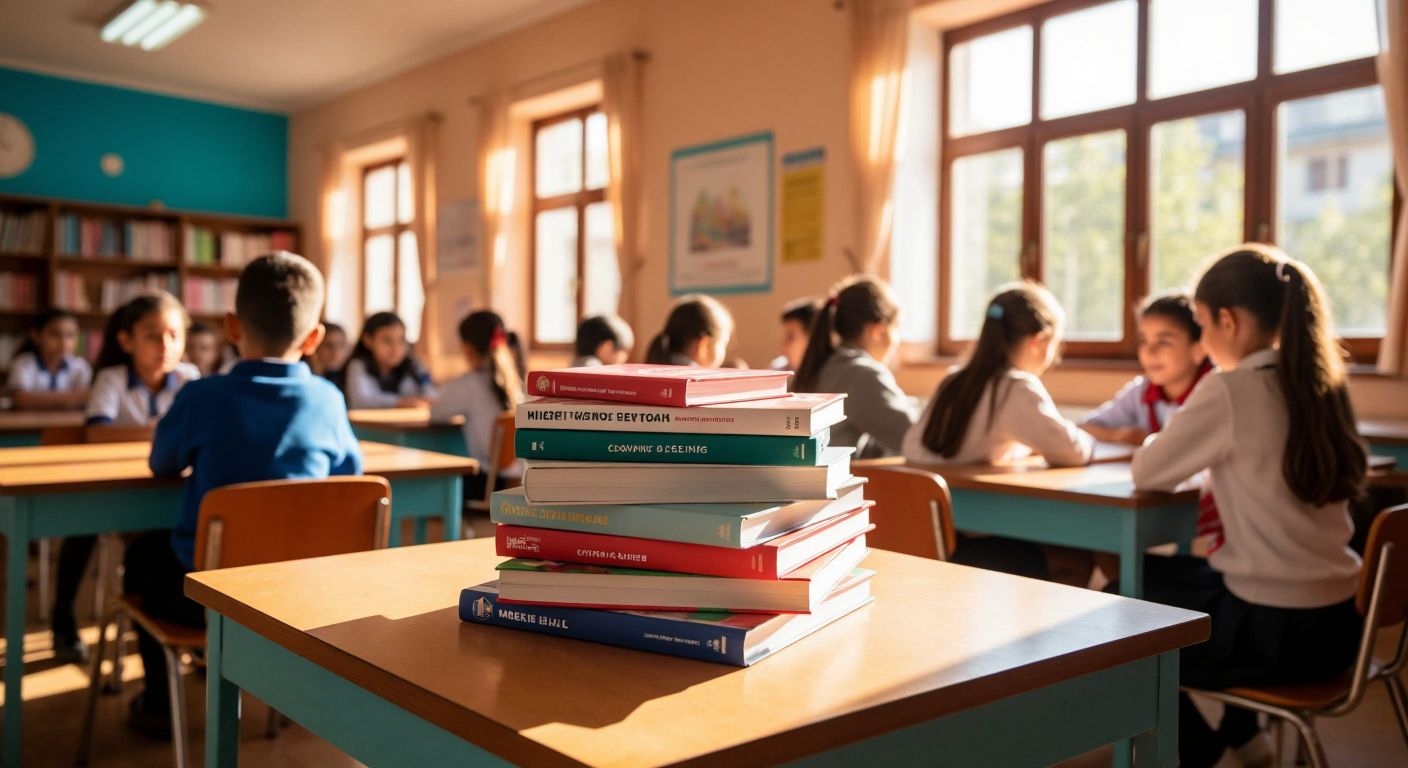 A stack of fresh, colorful 7th-grade science textbooks with the MEB logo sits on a wooden desk in a sunlit Turkish classroom, surrounded by eager students in school uniforms.