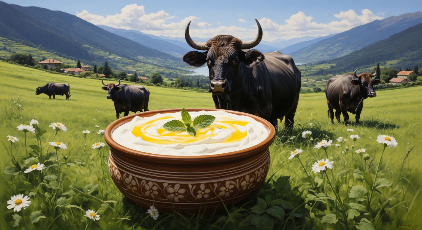 A lush green meadow with water buffalo grazing peacefully, their thick cream-colored yogurt served in a traditional clay bowl topped with a thick layer of golden cream, evoking the rich, natural flavors of Çaycuma.