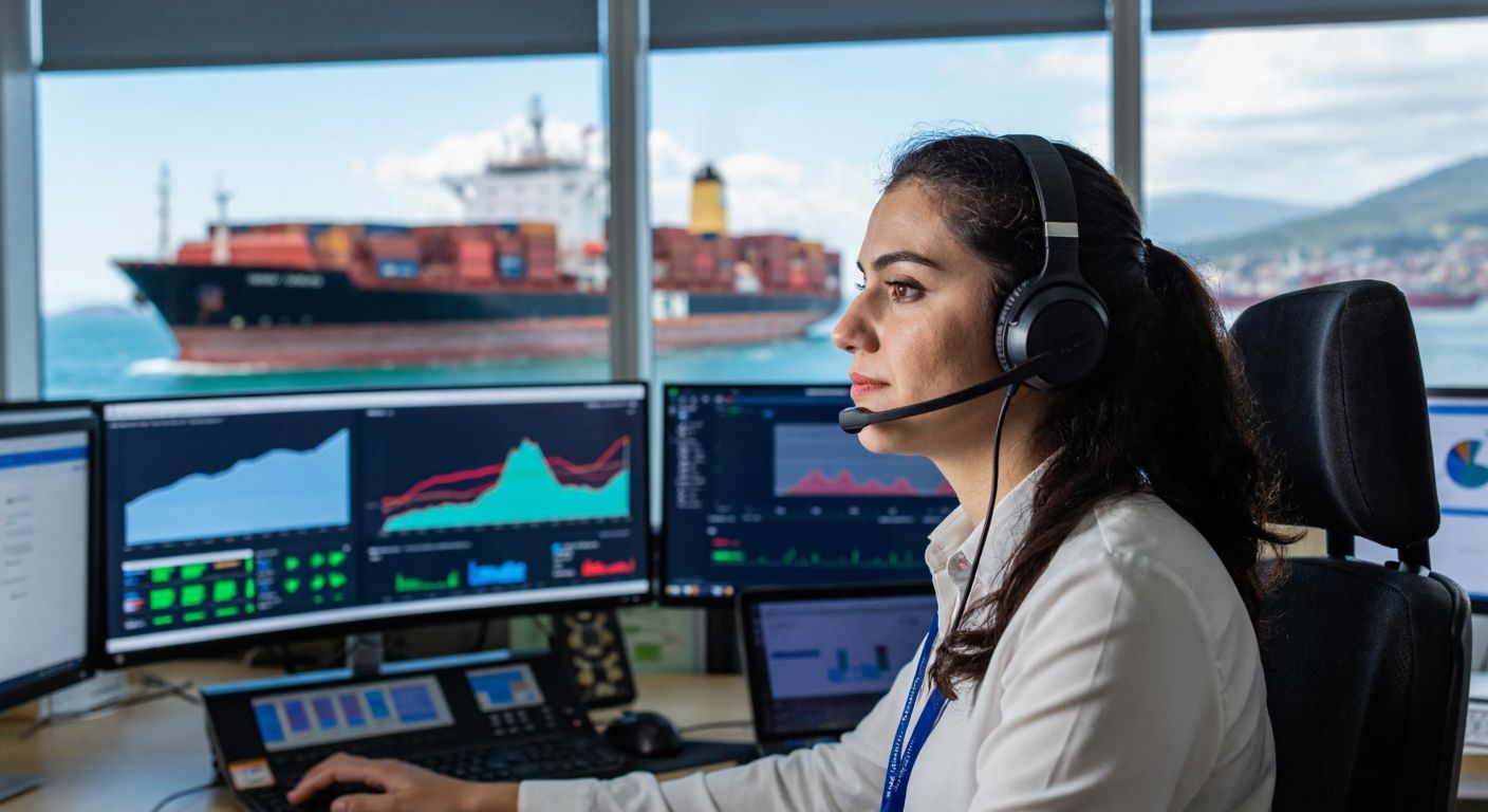A focused Turkish business professional in a call center wearing a headset, surrounded by monitors displaying graphs, while a cargo ship sails in the background through a window.