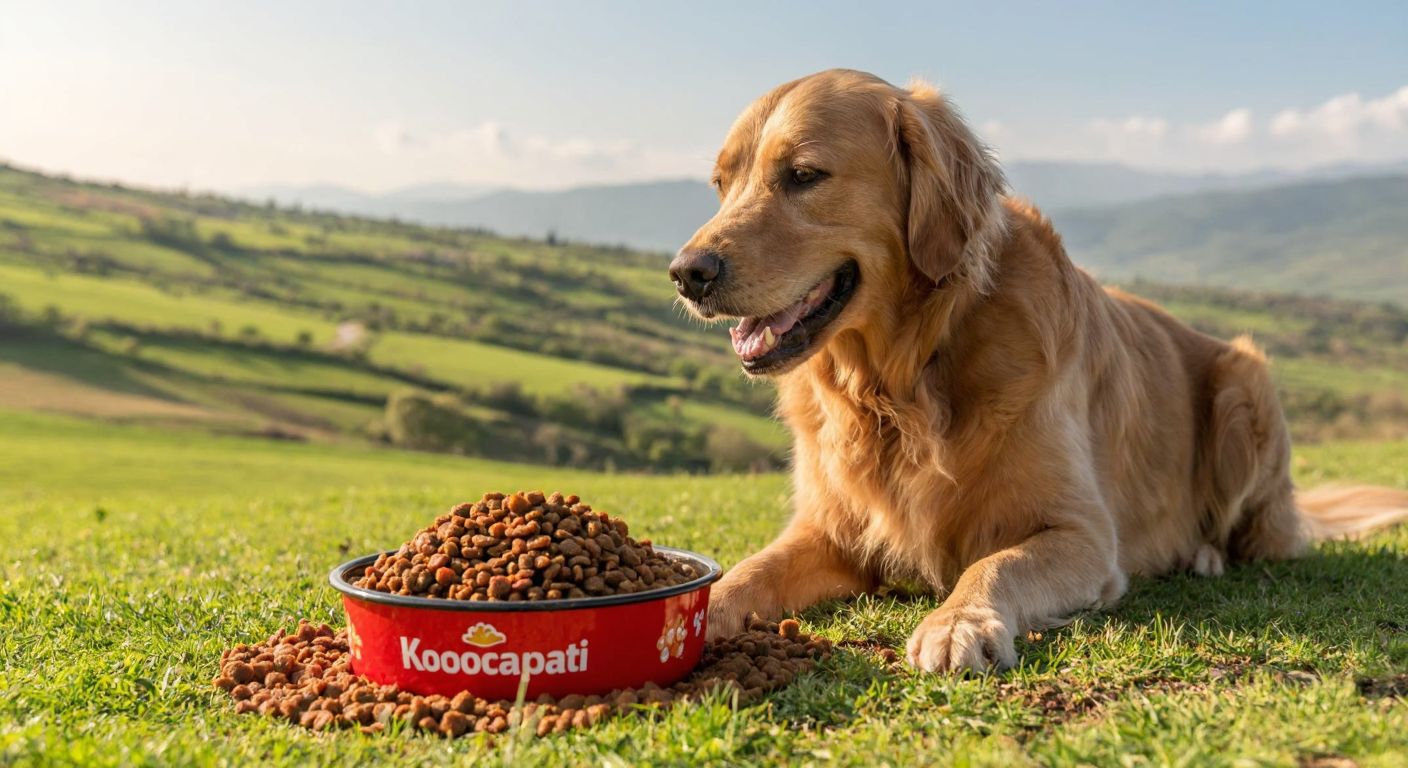 A happy golden retriever wagging its tail while eating from a bowl of Kocapati dog food, set against a backdrop of a sunny Turkish countryside with rolling green hills.