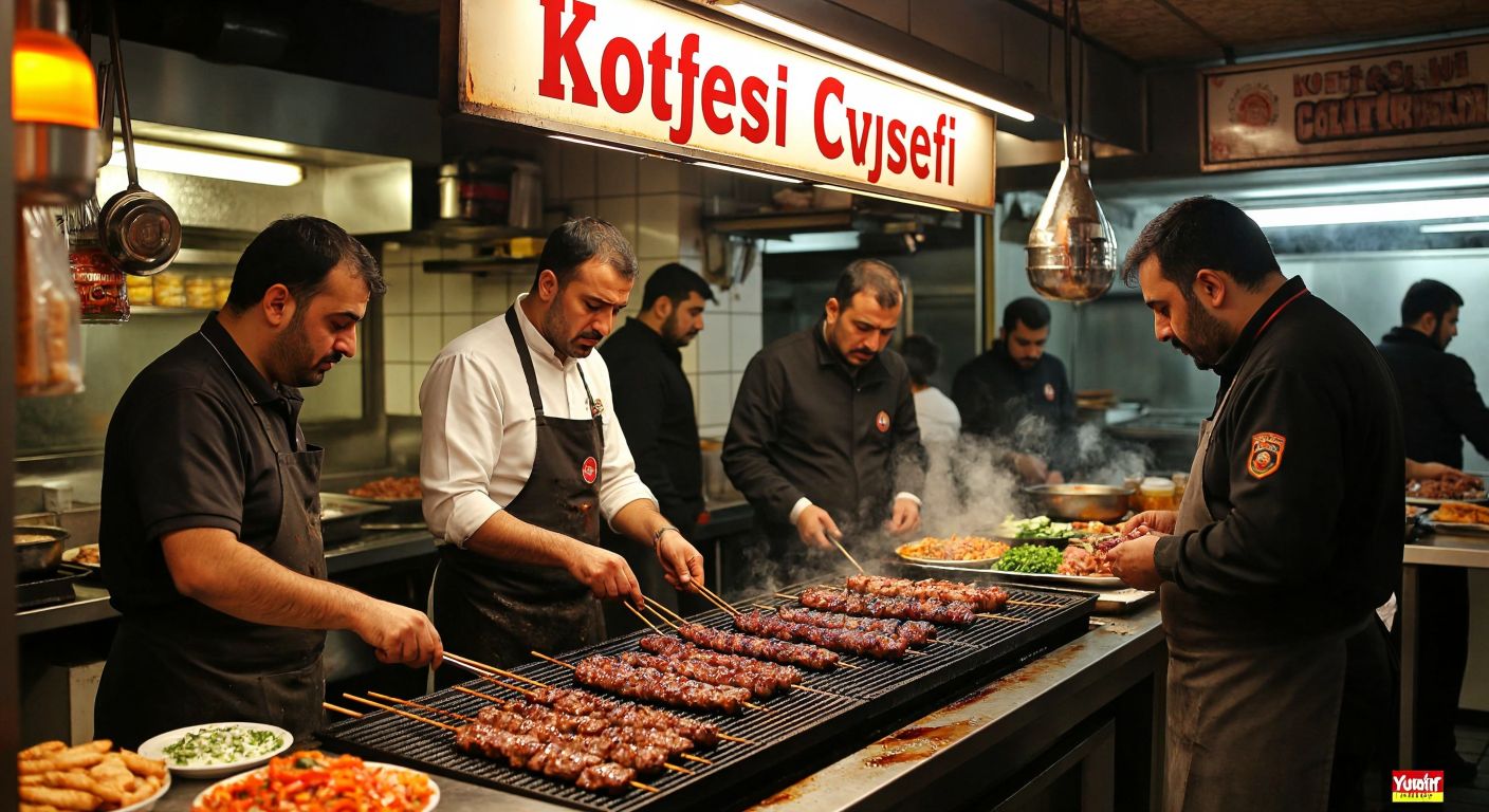 A bustling Turkish köfteci shop in Bursa with distressed customers frowning at sizzling meat skewers, while inspectors in official uniforms examine the grill under a faded "Köfteci Yusuf" sign.