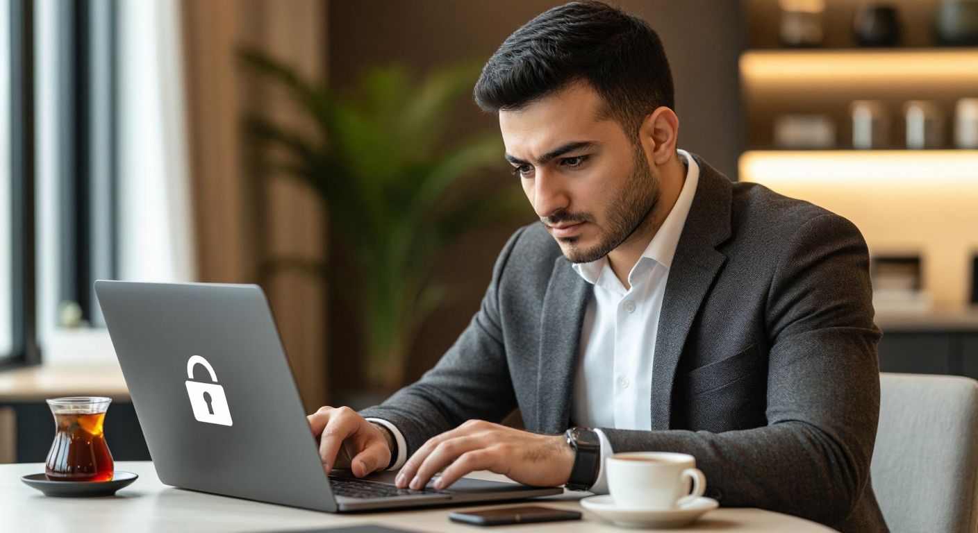 A focused Turkish professional in a modern office setting, wearing business attire, intently typing on a laptop with a secure login page displayed, surrounded by a warm, neutral-toned workspace and a steaming cup of Turkish tea.