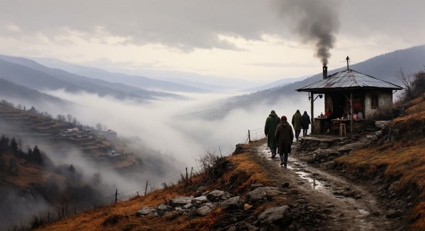 A misty, elevated landscape in Kepez with rolling hills under a cool, overcast sky, where bundled-up locals walk past steaming cups of salep near a small tea house.