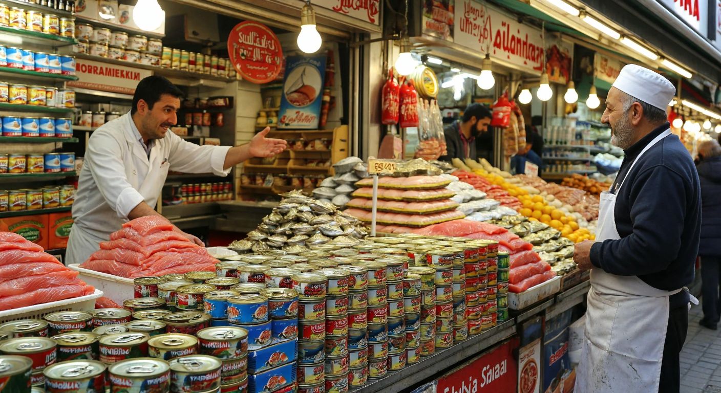 A vibrant Turkish market stall displays neatly stacked cans of tuna, sardines, mackerel, and salmon, with a smiling vendor in a white apron gesturing toward them while a curious customer sniffs the air near an open can.