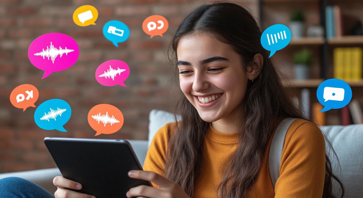 A young Turkish student smiles brightly while watching a colorful, engaging video on a tablet, surrounded by floating speech bubbles with abstract soundwave patterns, symbolizing language learning.