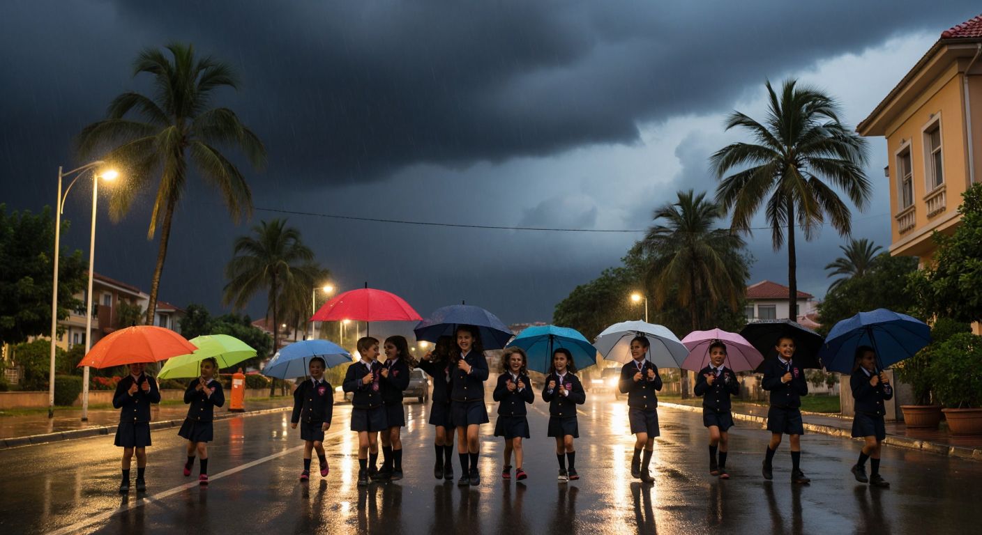 A rainy street scene in Antalya with dark storm clouds overhead, children in school uniforms laughing under colorful umbrellas, and palm trees swaying in the wind.  

(Note: The description avoids text, symbols, technology, and adheres to the given constraints while capturing the essence of the interaction—school closure due to heavy rain in Antalya.)