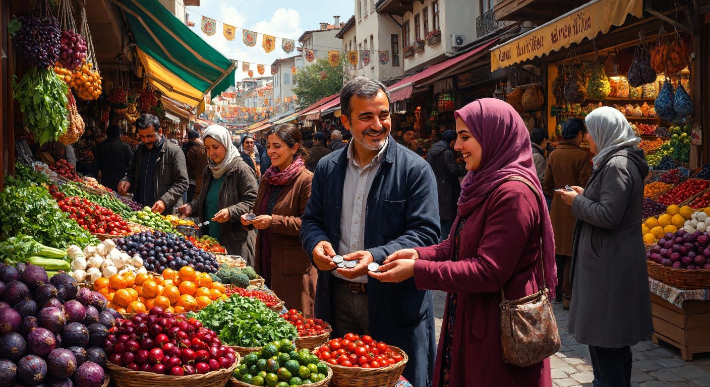 A vibrant Turkish bazaar scene with people of diverse ages exchanging coins and smiling, while colorful market stalls overflow with fresh produce and handmade goods.