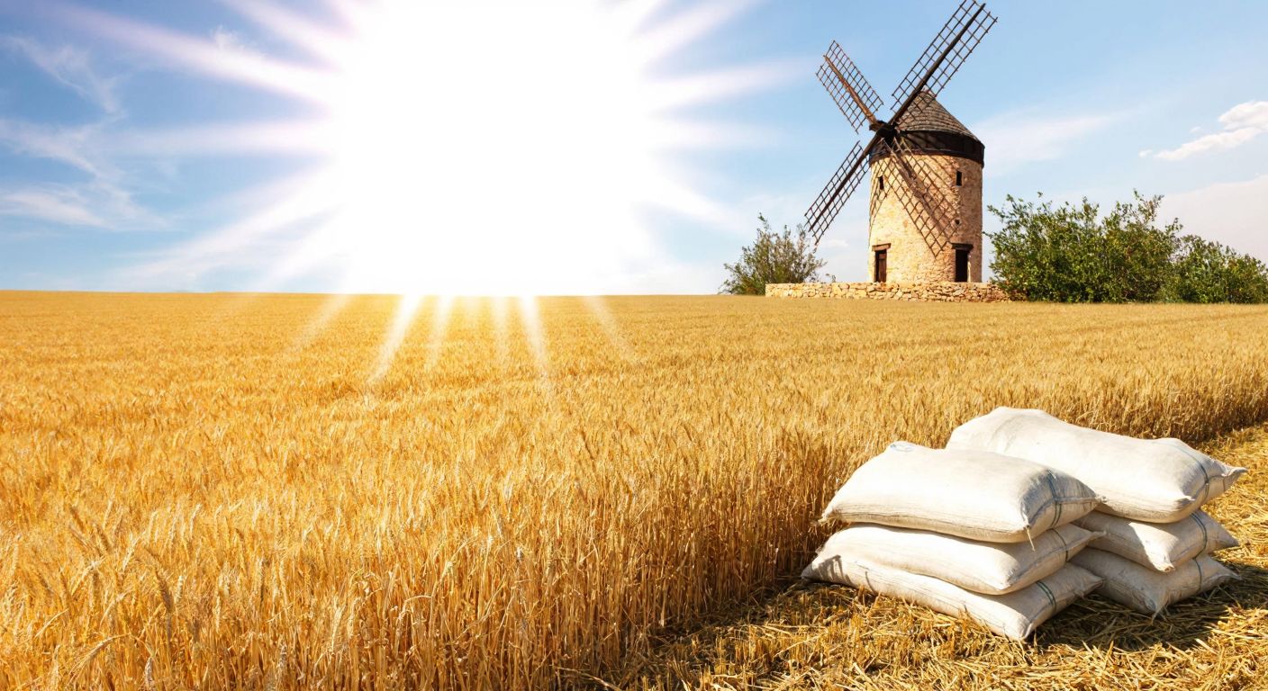 A golden wheat field under a bright sun, with a traditional Turkish windmill in the background and sacks of flour stacked neatly nearby.