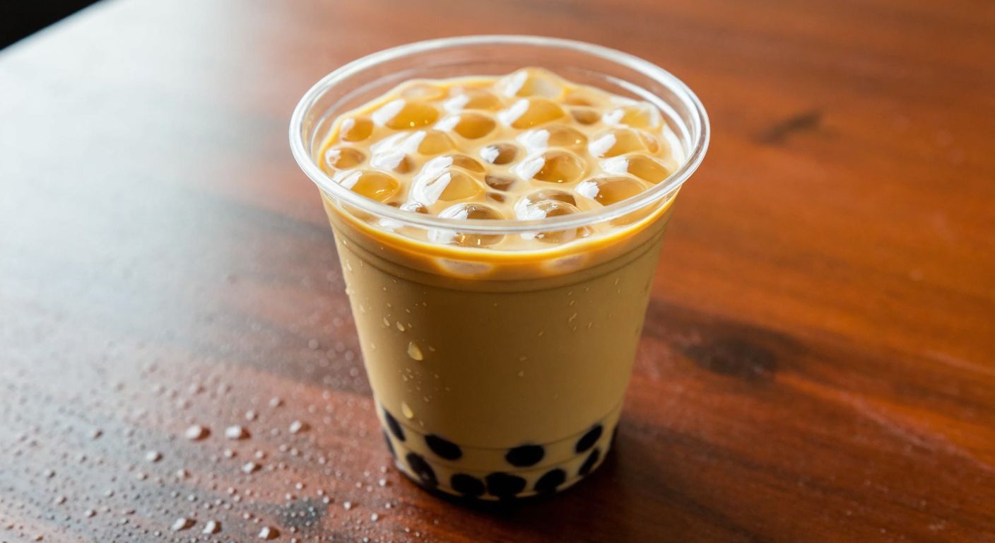 A clear plastic cup filled with creamy brown bubble tea, topped with chewy black tapioca pearls, resting on a wooden table with condensation droplets on its surface.