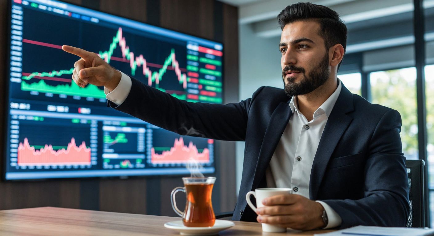 A Turkish investor in a modern office, wearing a crisp suit, confidently points at a large digital stock market board displaying colorful rising and falling graphs, while holding a steaming cup of traditional Turkish tea.