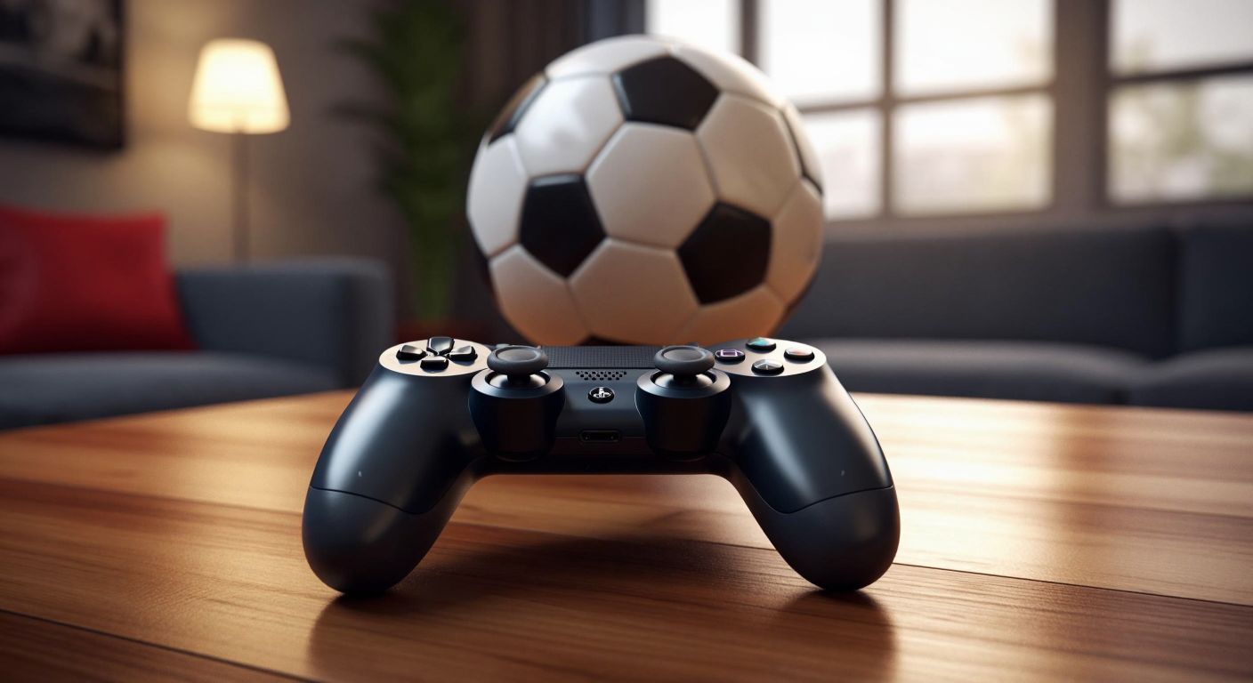 A digital game controller rests on a wooden table, its L1 and triangle buttons glowing softly, while a soccer ball floats mid-air in the background, symbolizing a lofted pass in a virtual match.